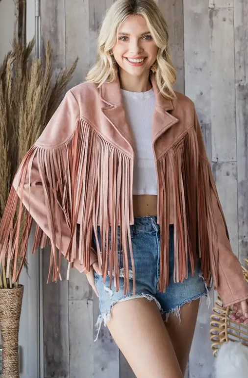 VJ70272-M1 Fringed Suede Jacket Dusty Pink