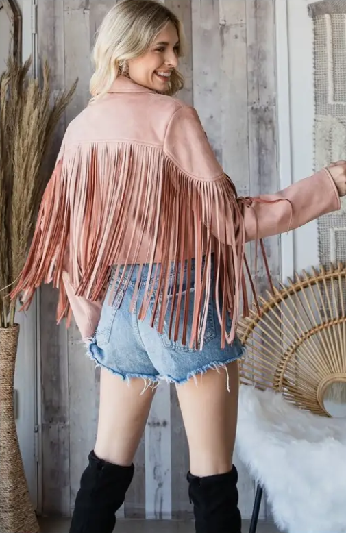 VJ70272-M1 Fringed Suede Jacket Dusty Pink