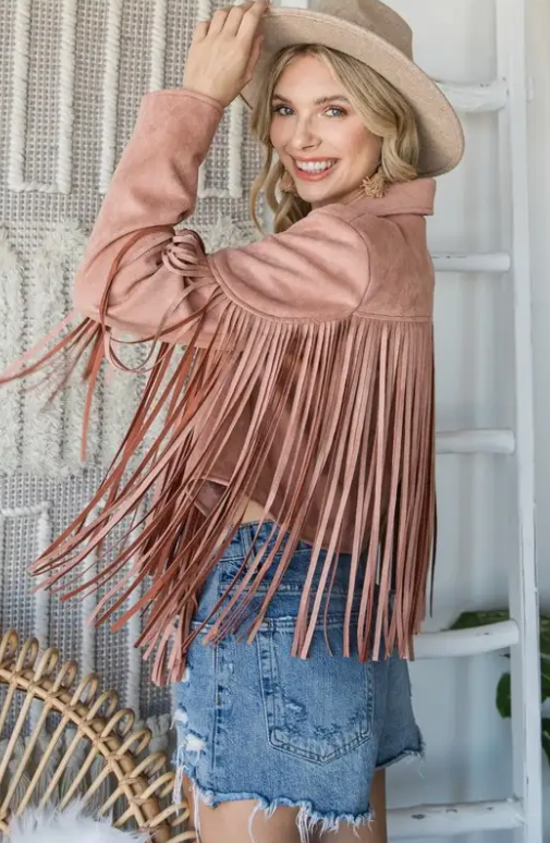 VJ70272-M1 Fringed Suede Jacket Dusty Pink