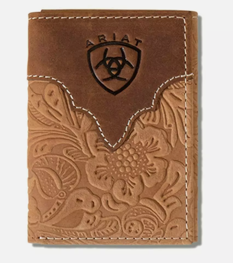 A3555602 Ariat Western Mens Wallet Trifold Leather Logo Embossed Floral Brown