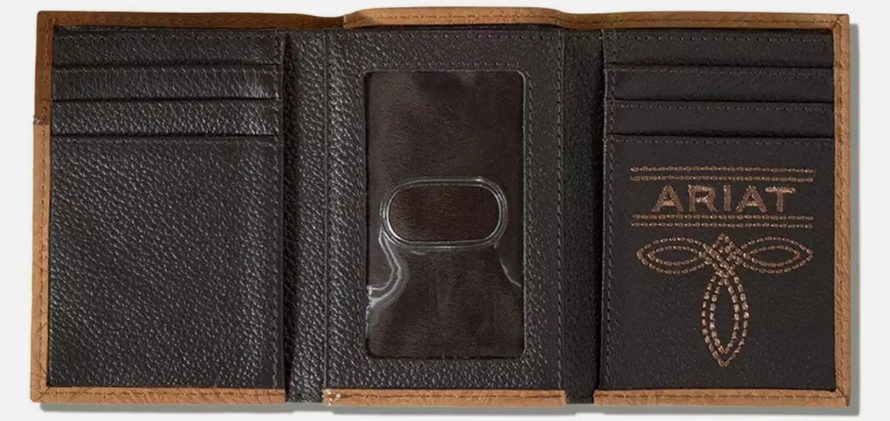 A3555602 Ariat Western Mens Wallet Trifold Leather Logo Embossed Floral Brown