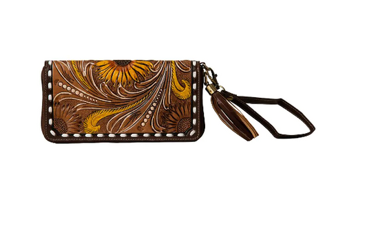 S-7464 Radiant Sunflower Hand Tooled Clutch Wallet