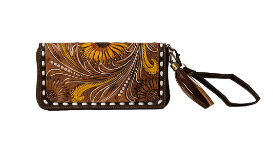 S-7464 Radiant Sunflower Hand Tooled Clutch Wallet