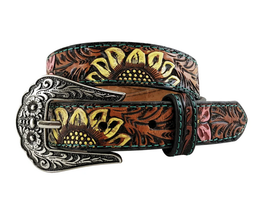 9712300 Roper Kids Belt 1'' Leather hand tooled Sunflower