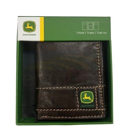 4089000-200 John Deere Brown Antique Leather Stitched Tri-Fold Wallet