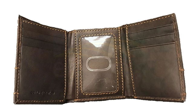 4089000-200 John Deere Brown Antique Leather Stitched Tri-Fold Wallet