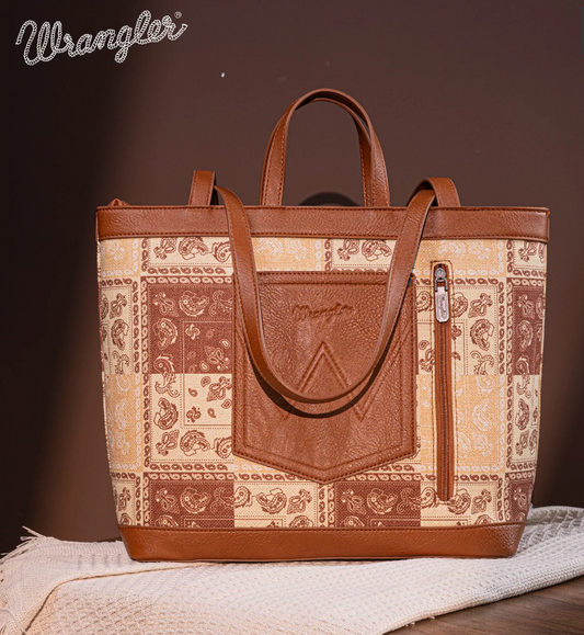 WG138-2002BR Wrangler Paisley Pattern dual Sided Print Tote - Brown