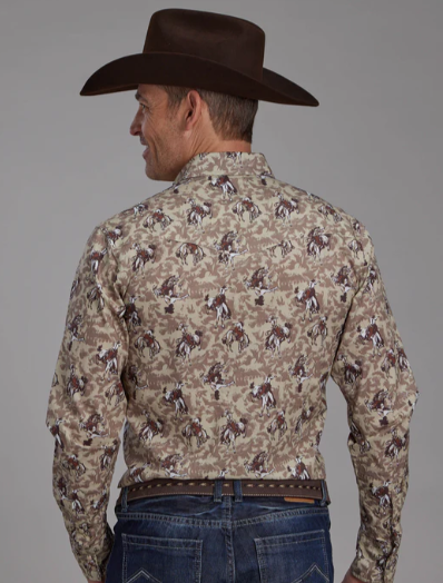 03-001-0486-0651BR Roper Men's Vintage Collection LS Shirt Print Brown