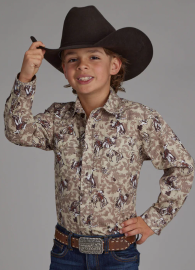 03-030-0486-0651 Roper Boy's Vintage Collection Shirt Print Brown