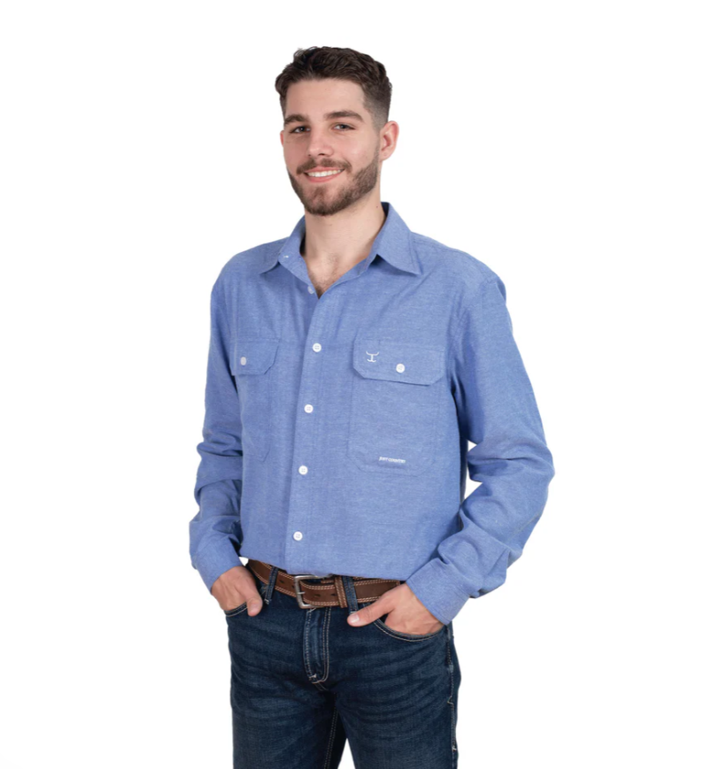 MWLS2491 Just Country Austin Long Sleeve Full Button Solid Work shirt - Cobalt Blue Chambray