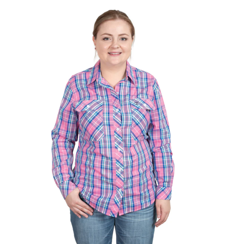 wwls2473 Just Country Women's Abbey Long Sleeve Full Button Print Work Shirt - Blue Check