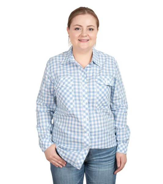 wwls2472 Just Country Women's Abbey Long Sleeve Full Button Print Work Shirt - Blue Check