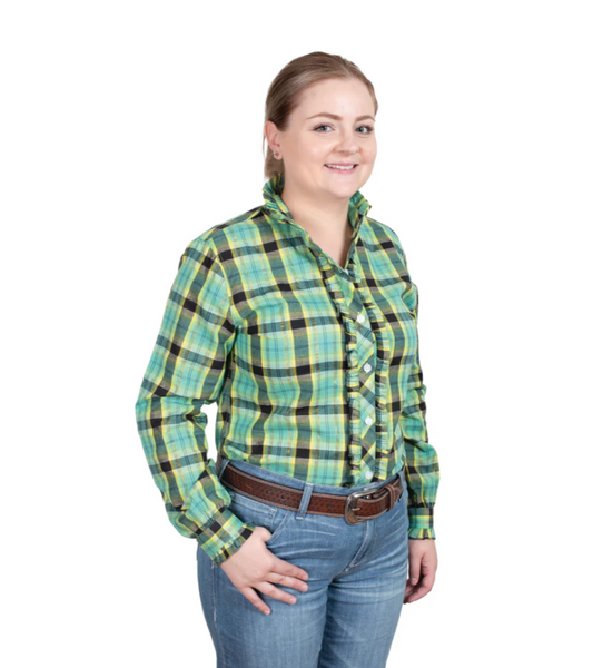 WWLS2465 Just Country Women's Abbey Frills Long Sleeve Full Button Print Work Shirt - Spearmint/ Black Lurex