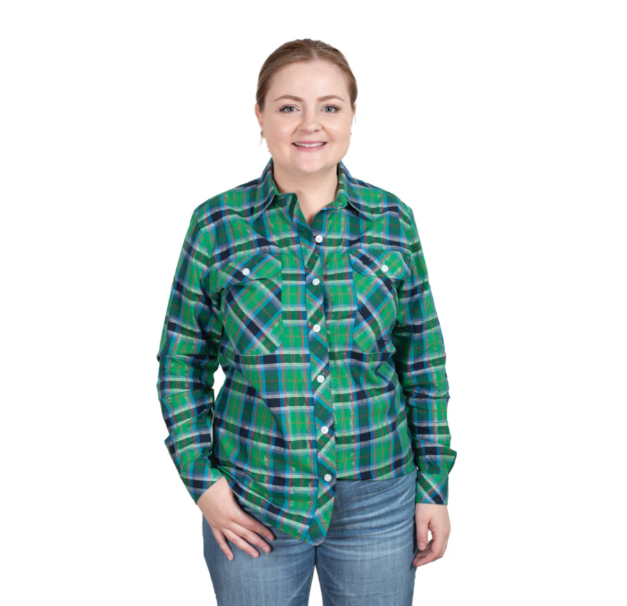 WWLS2466 Just Country Women's Abbey Frills Long Sleeve Full Button Print Work Shirt -Ivy Lurex Plaid