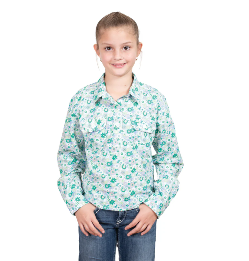 GWLS2482 Just Country Girl's Harper Long Sleeve Half Button Print Work Shirt Jacaranda Paper Daisies