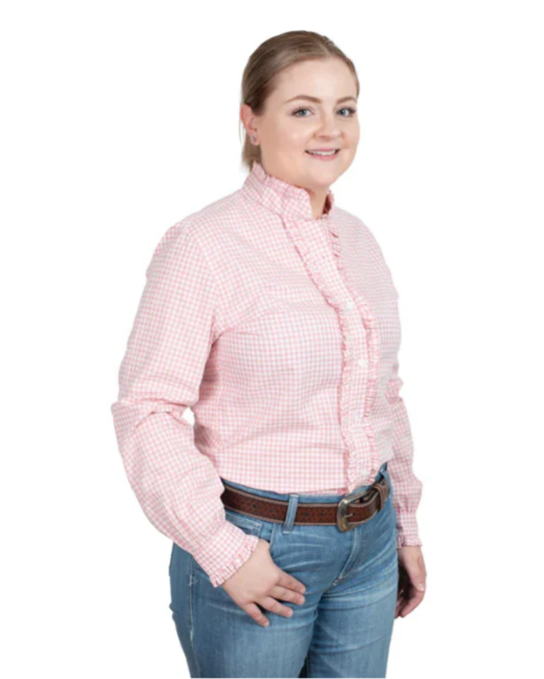 WWLS2478 Just Country Women's Abbey Frills Long Sleeve Full Button Print Work Shirt - Pink Flamingo Check