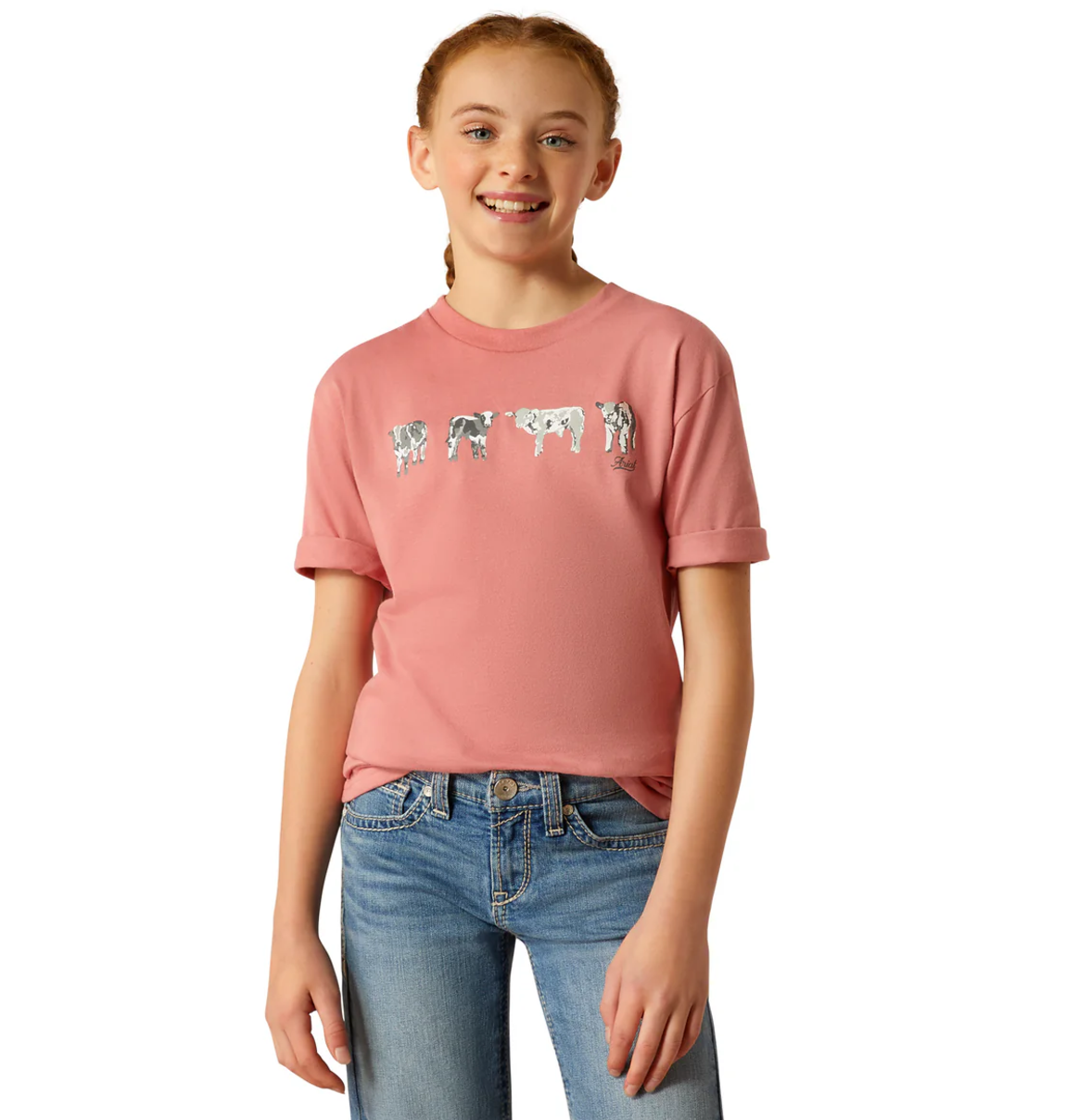 10052539 Ariat Girls Mini Cow Squad SS Tee Dusty Rose