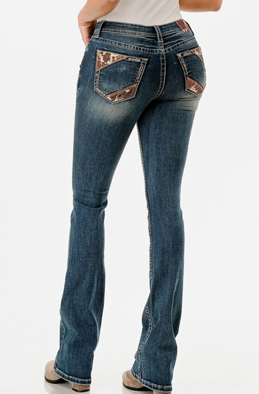 EB61892 Grace in LA Easy Fit Cow Print Jeans 32' Leg