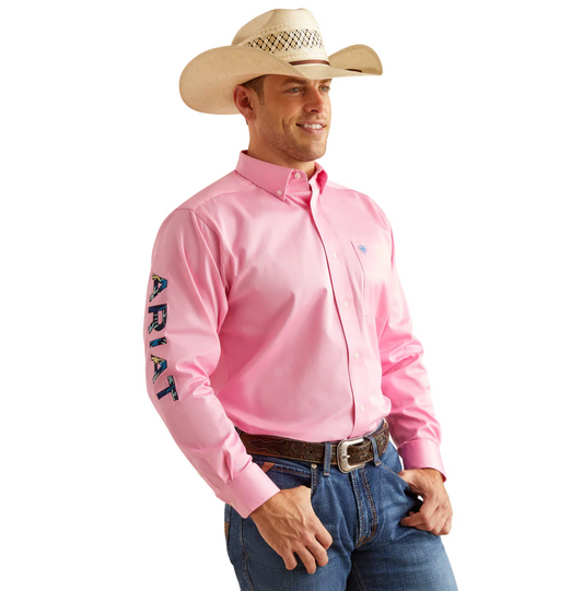 10051336 Ariat Men's Team Logo Twill LS Shirt Pink/ Diretoire Blue