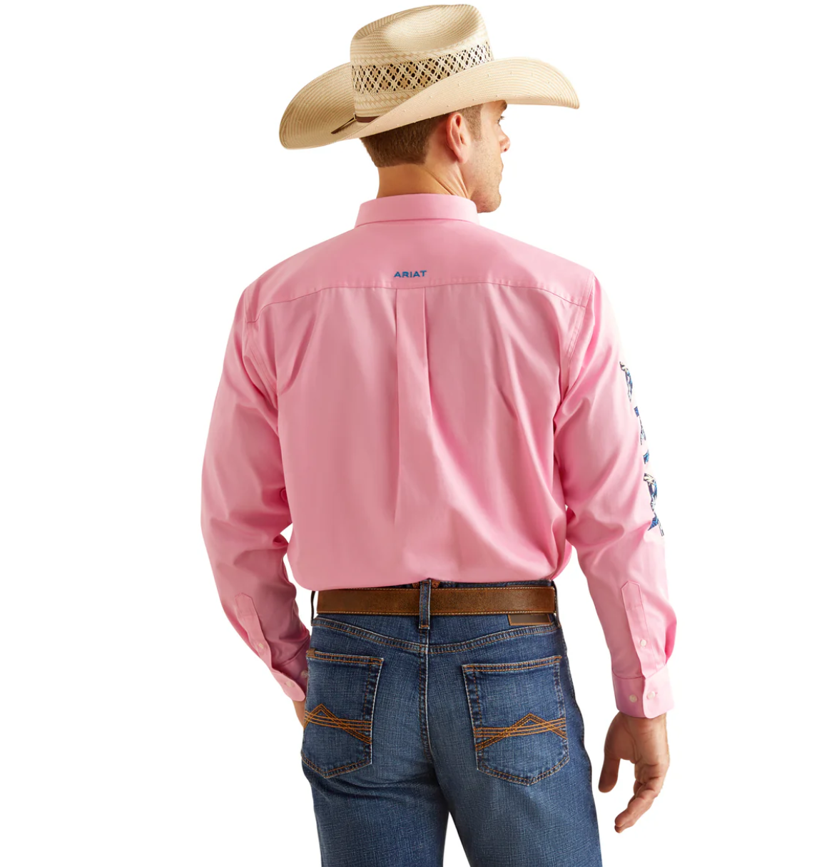 10051336 Ariat Men's Team Logo Twill LS Shirt Pink/ Diretoire Blue