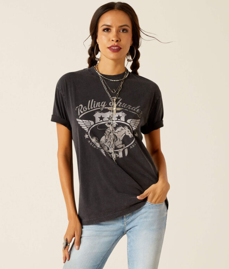 10051274 Ariat Women's Rolling Thunder SS Tee Black Acid Wash