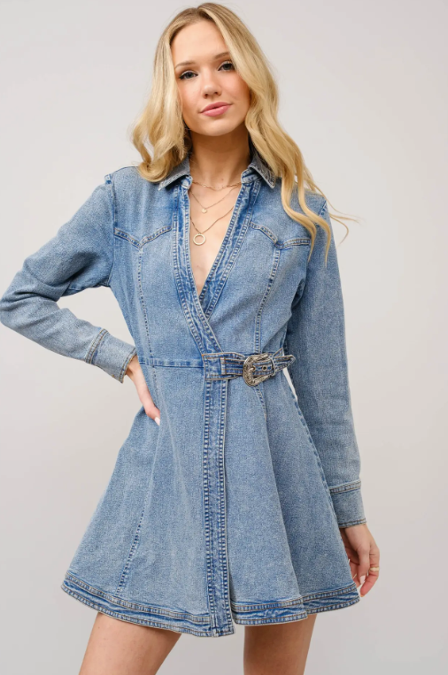 23239D Western Women's Buckle Wrap Mini Denim Dress