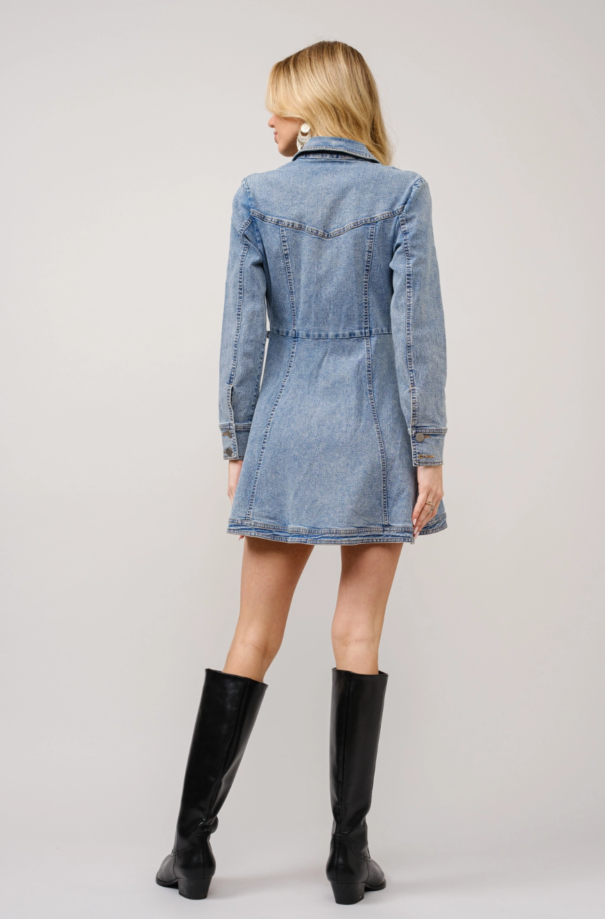 23239D Western Women's Buckle Wrap Mini Denim Dress