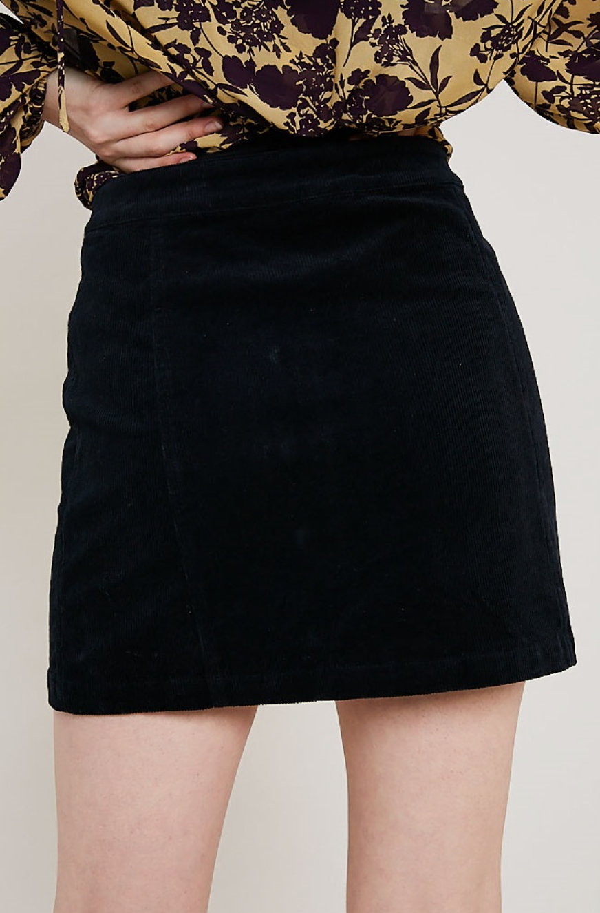 WL18-1558 Corduroy Side Button Mini skirt Black