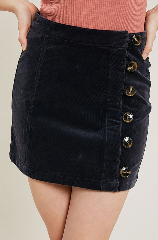 WL18-1558 Corduroy Side Button Mini skirt Black