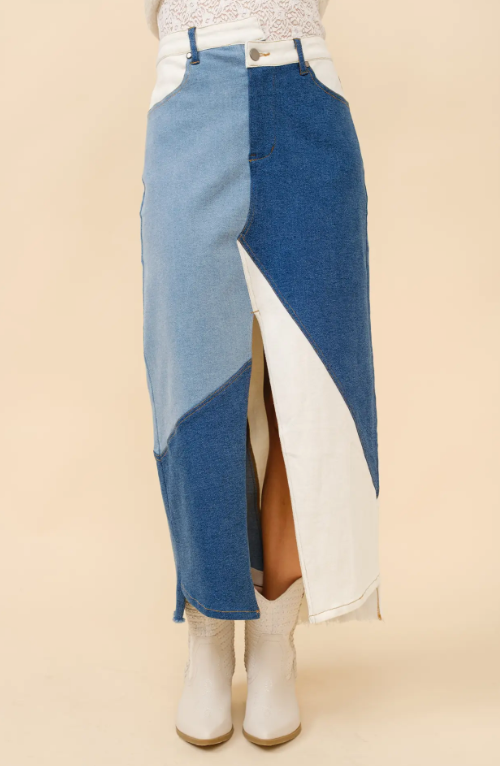 23035S Uneven Patchwork Denim Maxi Skirt