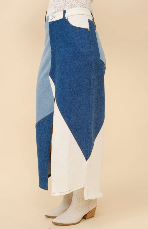 23035S Uneven Patchwork Denim Maxi Skirt