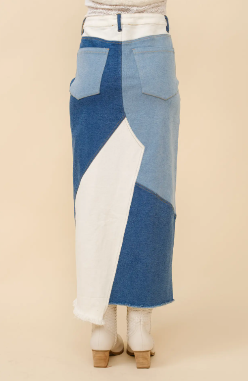 23035S Uneven Patchwork Denim Maxi Skirt