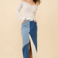 23035S Uneven Patchwork Denim Maxi Skirt