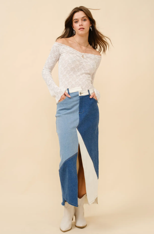 23035S Uneven Patchwork Denim Maxi Skirt