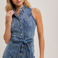 R02115 Sleeveless Button down Belted Denim Romper