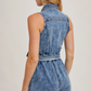 R02115 Sleeveless Button down Belted Denim Romper