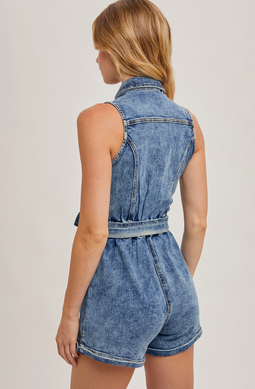 R02115 Sleeveless Button down Belted Denim Romper