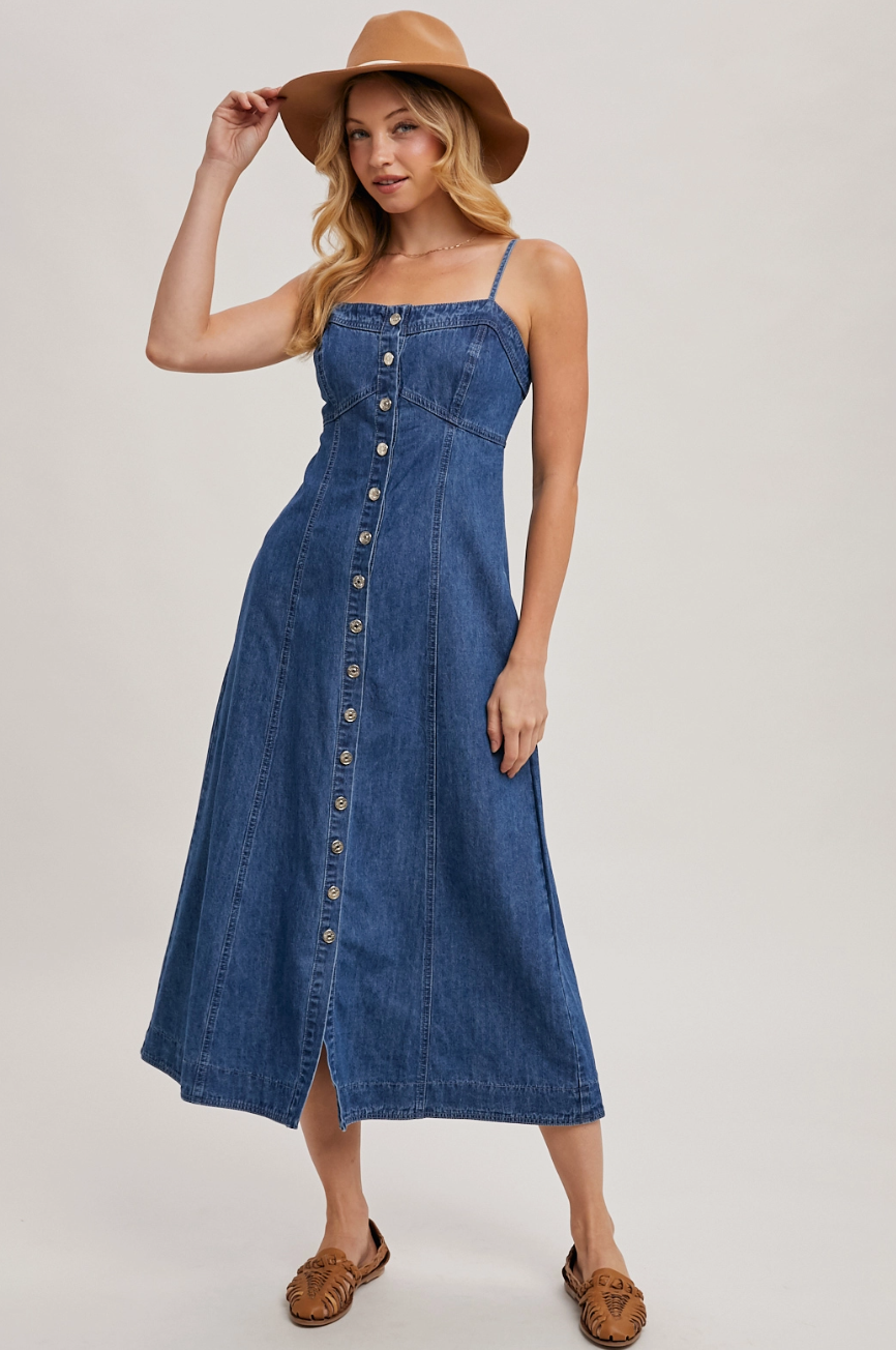 D02257 Button Down Sleeveless denim midi dress