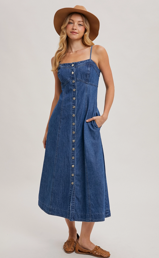 D02257 Button Down Sleeveless denim midi dress