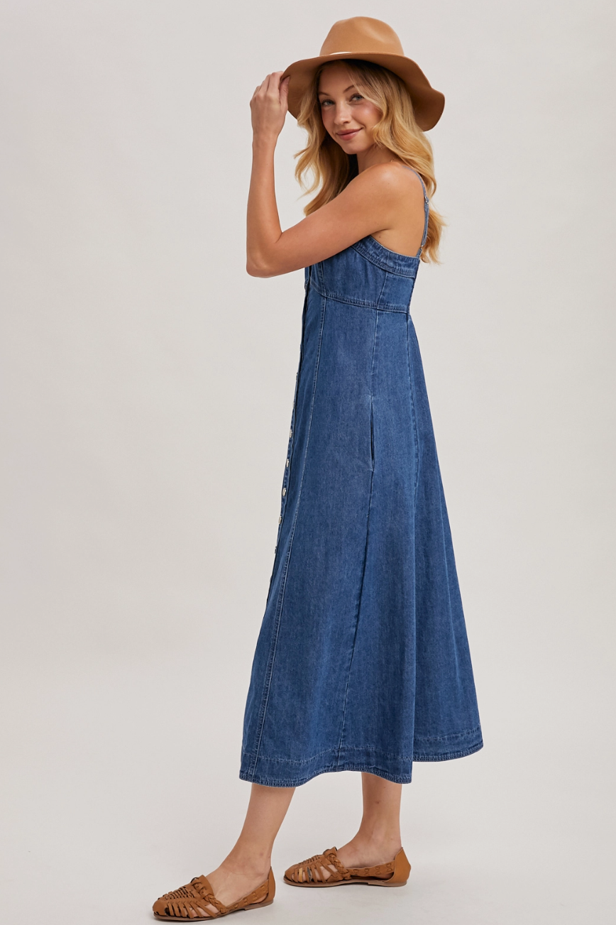 D02257 Button Down Sleeveless denim midi dress