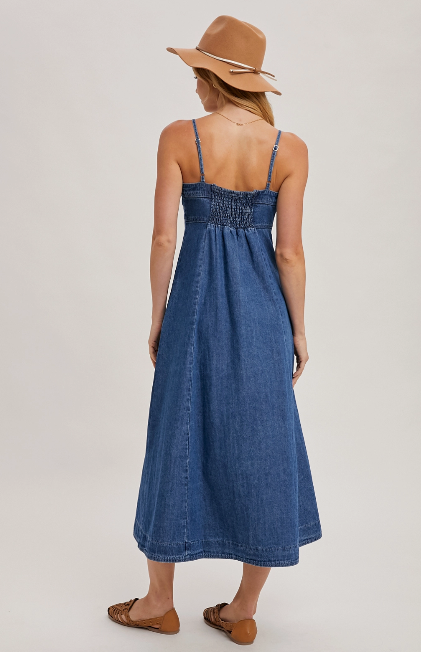 D02257 Button Down Sleeveless denim midi dress