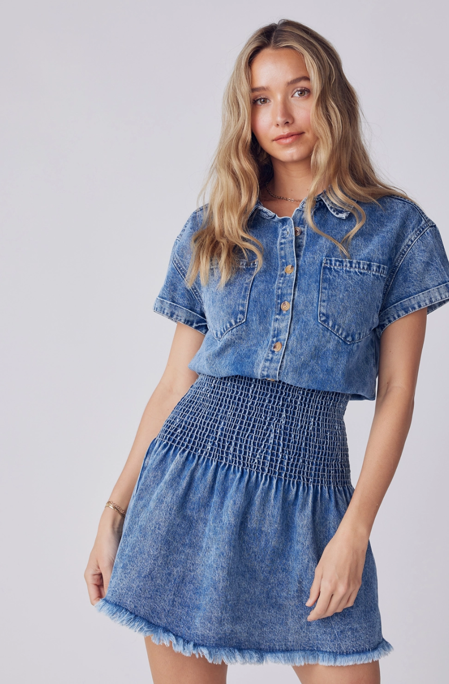 D01249 Button Up Smocking Waist Denim mini dress