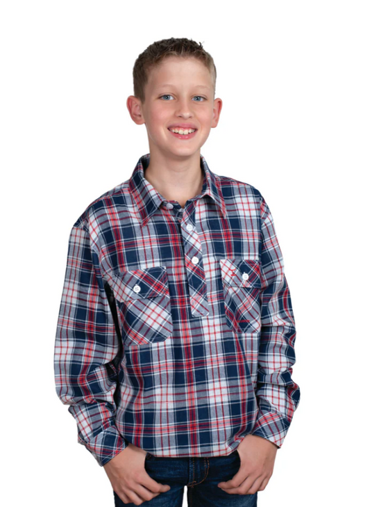 BWLS2517 Just Country Boys Brayden Half Button Print Work Shirt Chilli & Navy Check