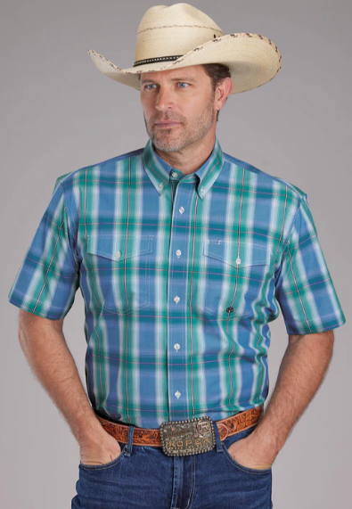 03-002-0378-3017 Roper Men's Plaid Blue SS Shirt