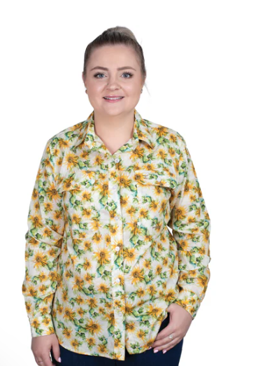 WWLS2519 Just Country Women's Abbey Frills Full Button Print Workshirt- Parchment Sunflowers