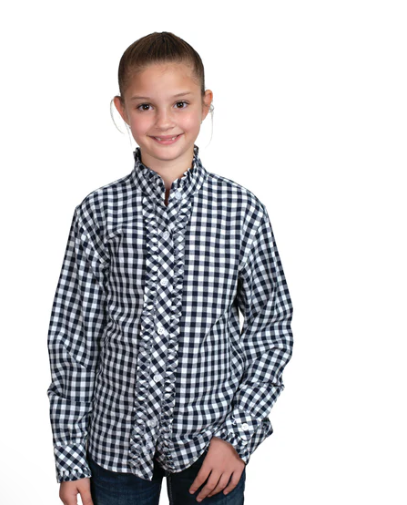 GWLS2518 Just Country Girl's Gracie Frills Full Button Print Workshirt-Navy Check