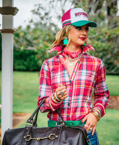 RR01-2003 Hitchley & Harrow Women's Pink/Yellow & Green Check Shirt