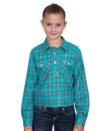 GWLS2549 Just Country Girl's Harper Workshirt Peacock Green Lurex Plaid
