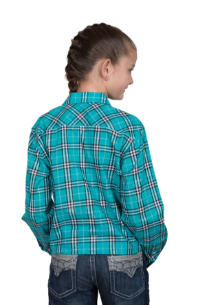 GWLS2549 Just Country Girl's Harper Workshirt Peacock Green Lurex Plaid