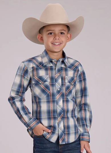 03-030-0062-0466 Roper Boy's West Made Collection LS Shirt Plaid Blue